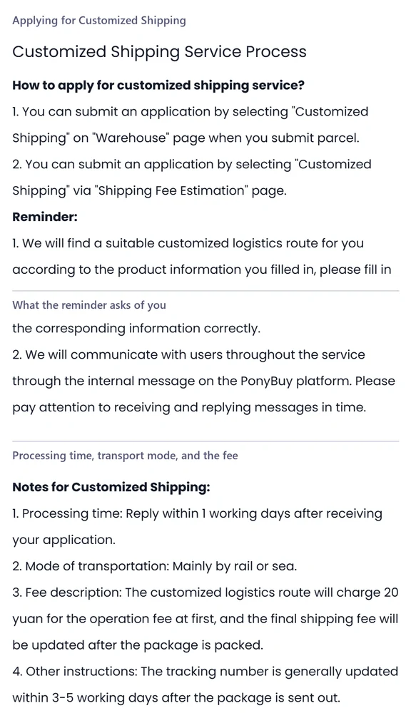 Three stacked help centre panels headed Applying for Customized Shipping, What the reminder asks of you, and Processing time, transport mode, and the fee, each a short numbered list.