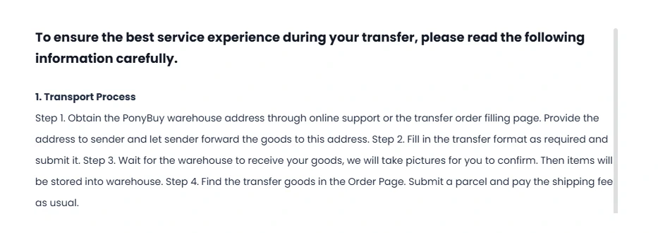 A help centre screenshot headed To ensure the best service experience during your transfer, please read the following information carefully, followed by a numbered heading Transport Process and four steps running from obtaining the warehouse address to submitting a parcel and paying the shipping fee.