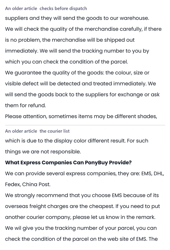 Two stacked help centre panels headed An older article checks before dispatch and An older article the courier list, both plain text, the second naming four express companies.