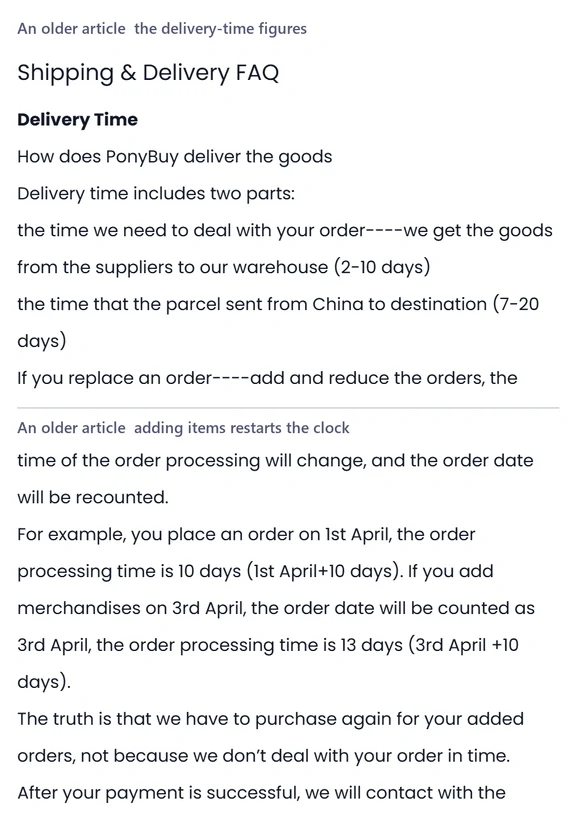Two stacked help centre panels headed An older article the delivery-time figures and An older article adding items restarts the clock, both plain text with a worked example.