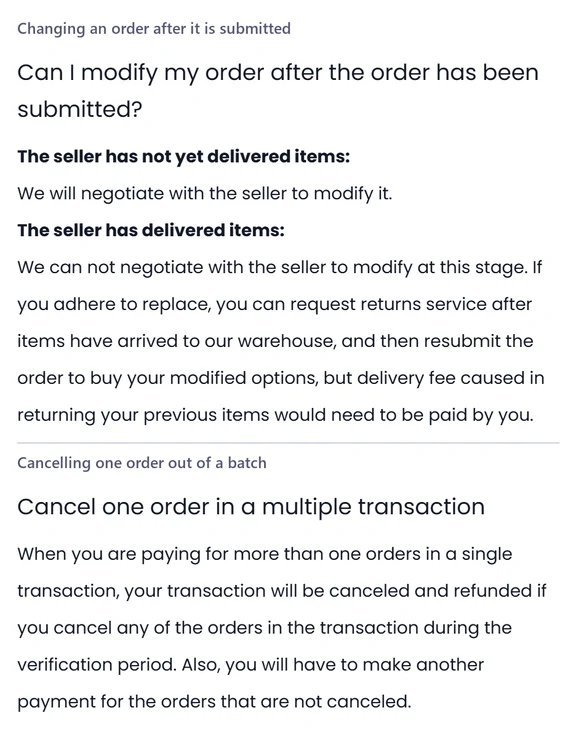 Two stacked help centre panels headed Changing an order after it is submitted and Cancelling one order out of a batch, each a short paragraph of plain text.
