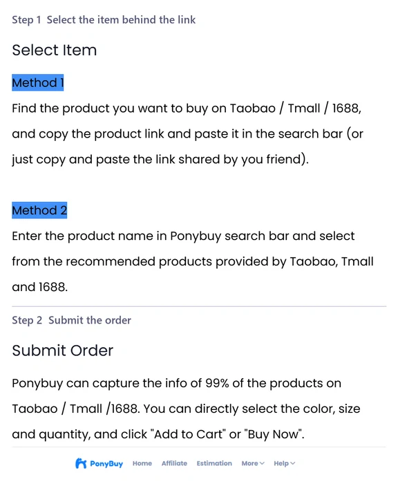 Two stacked help centre panels headed Step 1 Select the item behind the link and Step 2 Submit the order, each with a short paragraph of instructions.