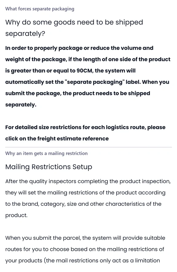 Two stacked help centre panels headed What forces separate packaging and Why an item gets a mailing restriction, each a short paragraph of plain text.