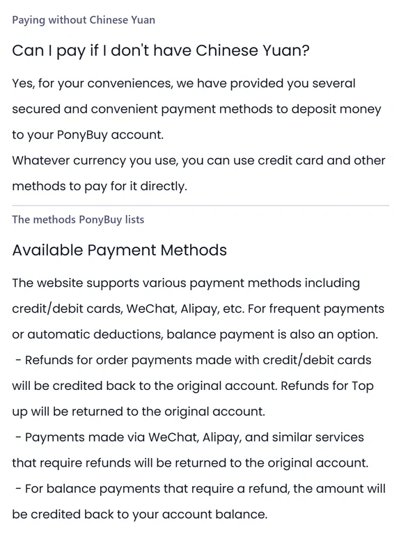 Two stacked help centre panels headed Paying without Chinese Yuan and The methods PonyBuy lists, the second one running through refund destinations for each method.