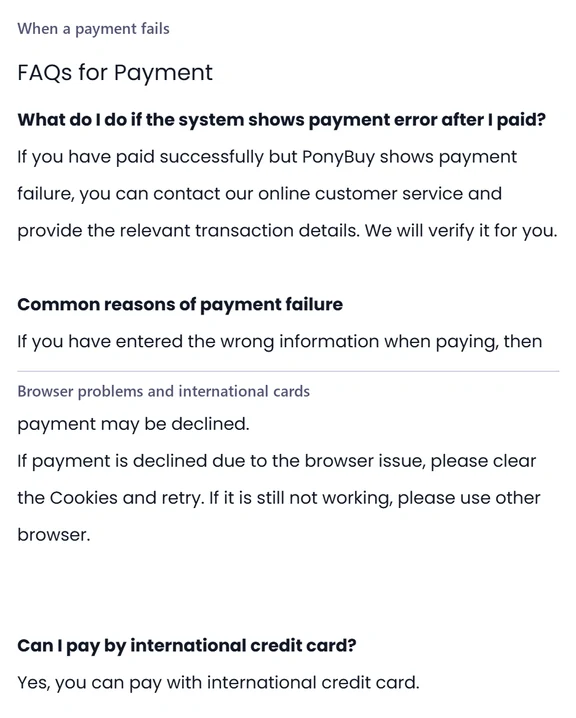Two stacked help centre panels headed When a payment fails and Browser problems and international cards, each a short question and answer.