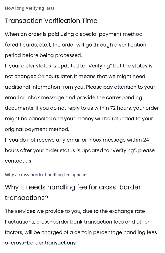 Two stacked help centre panels headed How long Verifying lasts and Why a cross border handling fee appears, each a short paragraph of plain text.
