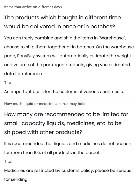Two stacked help centre panels headed Items that arrive on different days and How much liquid or medicine a parcel may hold, each a short paragraph of plain text.