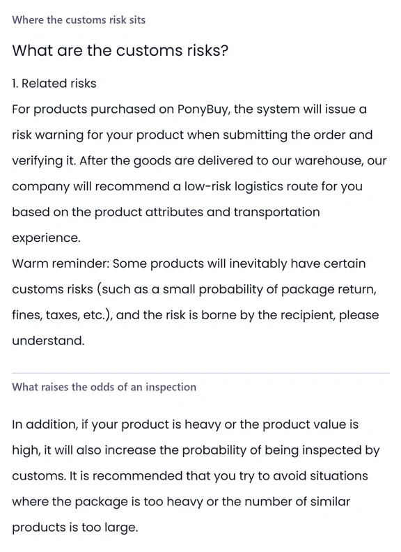 Two stacked help centre panels headed Where the customs risk sits and What raises the odds of an inspection, each a short paragraph of plain text.