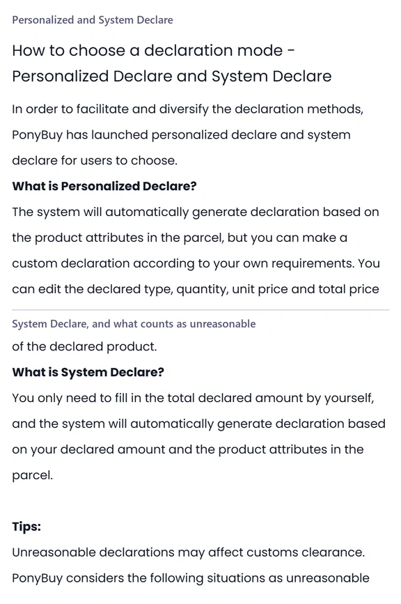 Two stacked help centre panels headed Personalized and System Declare and System Declare, and what counts as unreasonable, the second one listing three numbered situations.