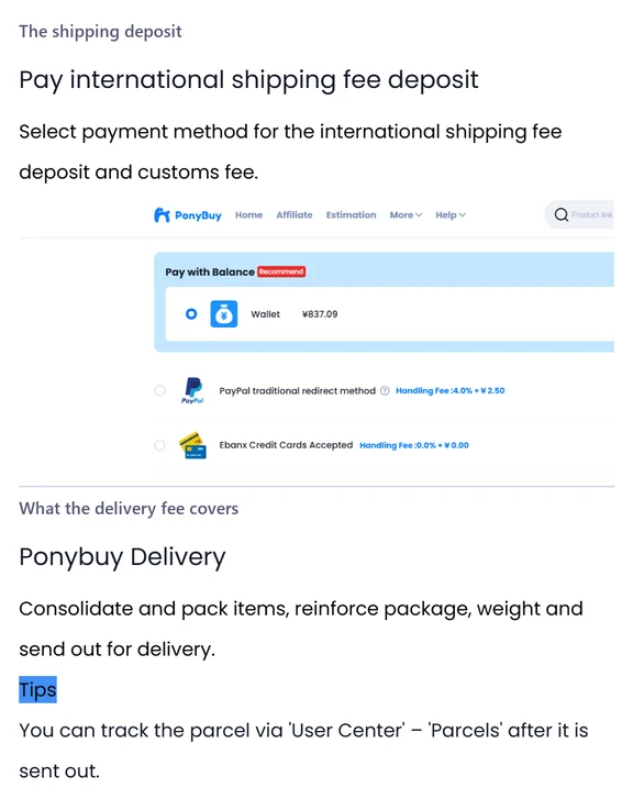 Two stacked help centre panels headed The shipping deposit and What the delivery fee covers, each a short paragraph of plain text.