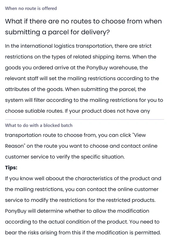 Two stacked help centre panels headed When no route is offered and What to do with a blocked batch, each a short paragraph of plain text.