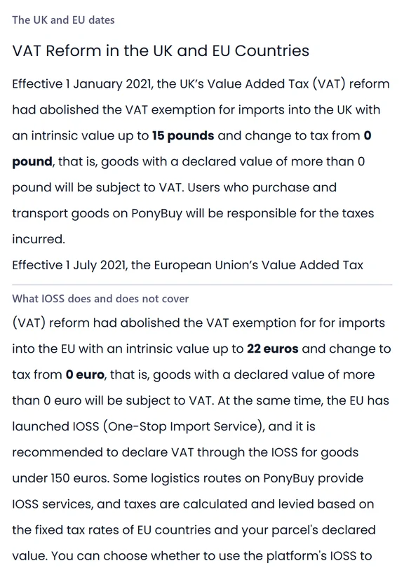 Two stacked help centre panels headed The UK and EU dates and What IOSS does and does not cover, each running several paragraphs of plain text.