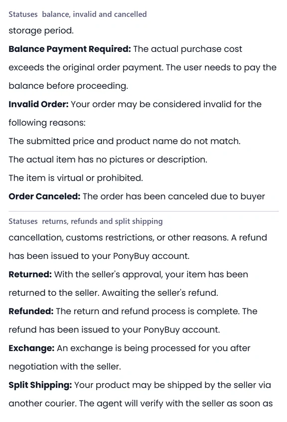 Two stacked help centre panels headed Statuses balance, invalid and cancelled and Statuses returns, refunds and split shipping, each a list of status names with short definitions.
