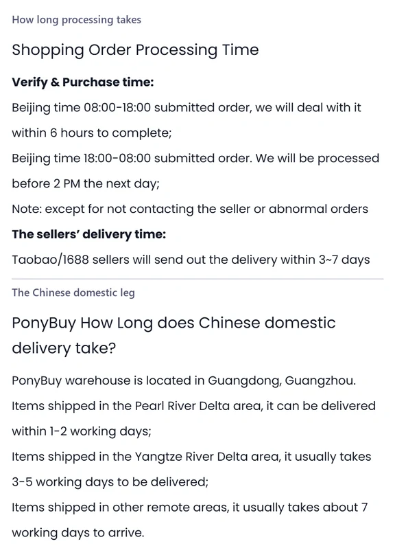 Two stacked help centre panels headed How long processing takes and The Chinese domestic leg, the second listing delivery times by region.