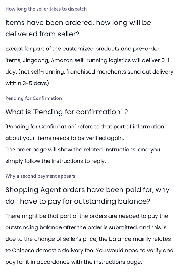 Three stacked help centre panels headed How long the seller takes to dispatch, Pending for Confirmation, and Why a second payment appears, each a short paragraph.