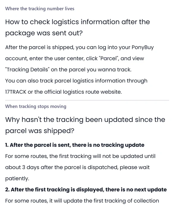 Two stacked help centre panels headed Where the tracking number lives and When tracking stops moving, the second one a short numbered list.