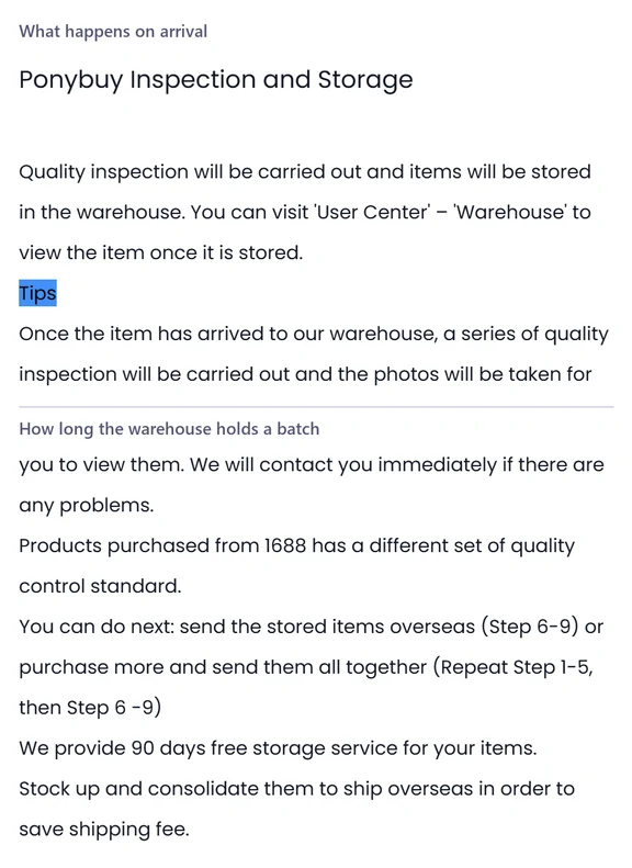 Two stacked help centre panels headed What happens on arrival and How long the warehouse holds a batch, each a short paragraph of plain text.