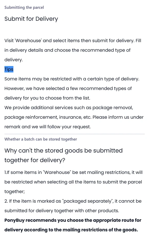 Two stacked help centre panels headed Submitting the parcel and Whether a batch can be stored together, each a short paragraph with a numbered list.