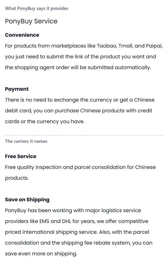 Two stacked help centre panels headed What PonyBuy says it provides and The carriers it names, the first holding the Convenience and Payment paragraphs under a PonyBuy Service heading, the second the Free Service and Save on Shipping ones.