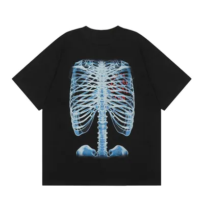 A black T-shirt with a blue and white skeleton graphic, photographed on a plain white background.